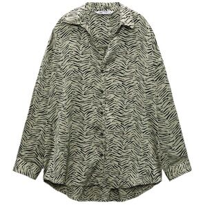NWT Zara Green & Black Zebra Print Button Down Blouse Size: M